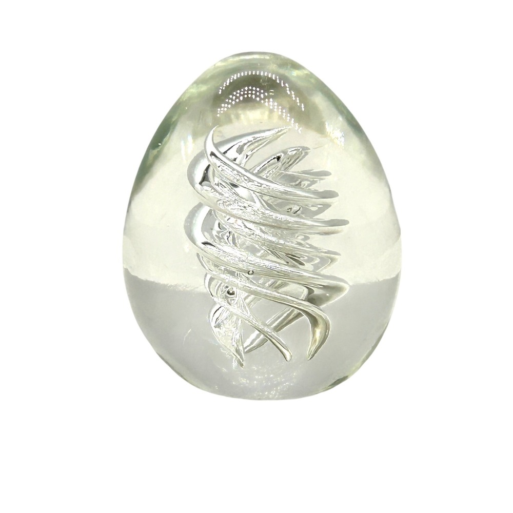 Clear Art Glass Egg Paperweight Silver Controlled Bubble Spiral Swirl Decor